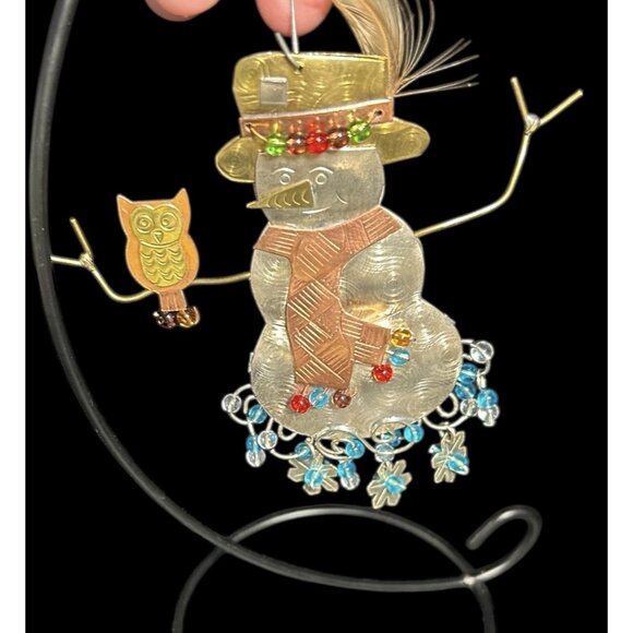 Holiday Metal Art Bronze Nickel & Copper Beaded Wire Snowman Christmas Ornament - Picture 3 of 9